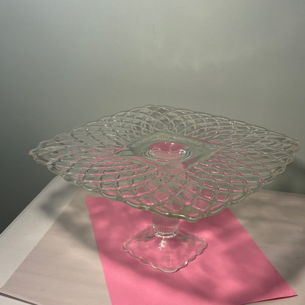 Vintage LE Smith Trellis Clear Glass Square Pedestal Cake Stand